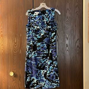 Dressbarn sleeveless black, navy, white and turquoise patterned midi dress. 8